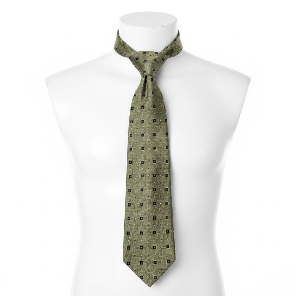 Bijan Men's 100% Silk Luxury Necktie Green Geometric Squares Handmade in France
